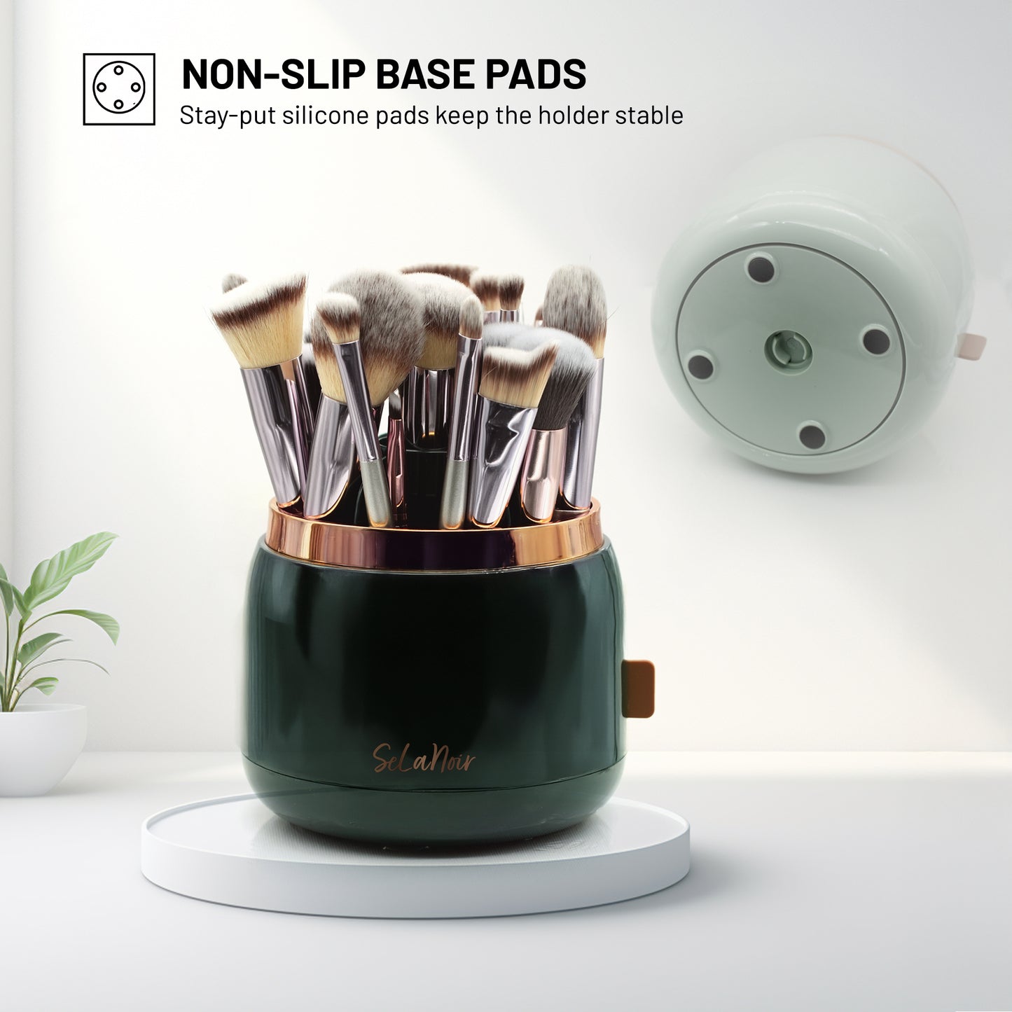 Selanoir Rotating Makeup Brush Holder with Lid – Dustproof Vanity Organizer for Makeup Brushes, Bonus Foldable Makeup Brush Cleaner Bowl Included, Elegant Seafoam Green Storage Solution