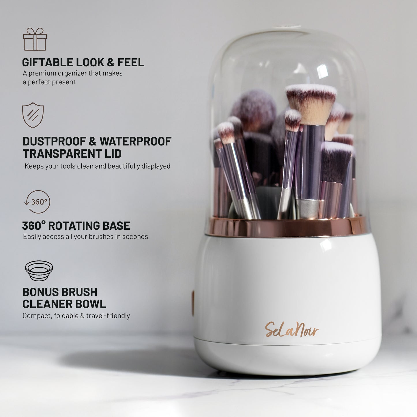 SeLaNoir Makeup Brush Holder – Rotating Organizer with Lid & Bonus Cleaner Bowl -White