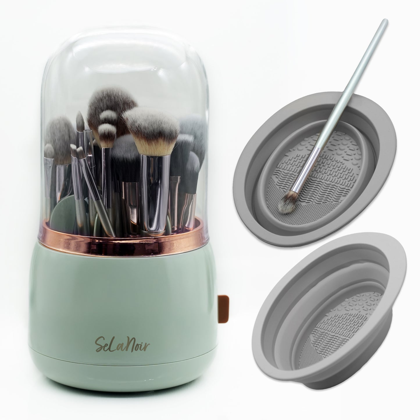 Selanoir Rotating Makeup Brush Holder with Lid – Dustproof Vanity Organizer for Makeup Brushes, Bonus Foldable Makeup Brush Cleaner Bowl Included, Elegant Seafoam Green Storage Solution