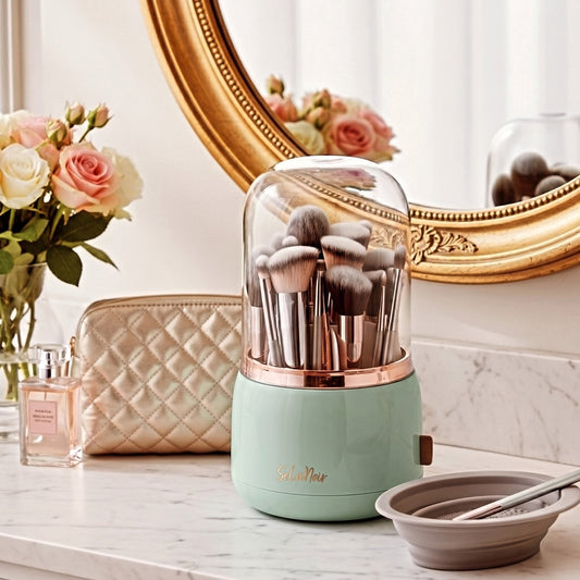 Selanoir Rotating Makeup Brush Holder with Lid – Dustproof Vanity Organizer for Makeup Brushes, Bonus Foldable Makeup Brush Cleaner Bowl Included, Elegant Seafoam Green Storage Solution