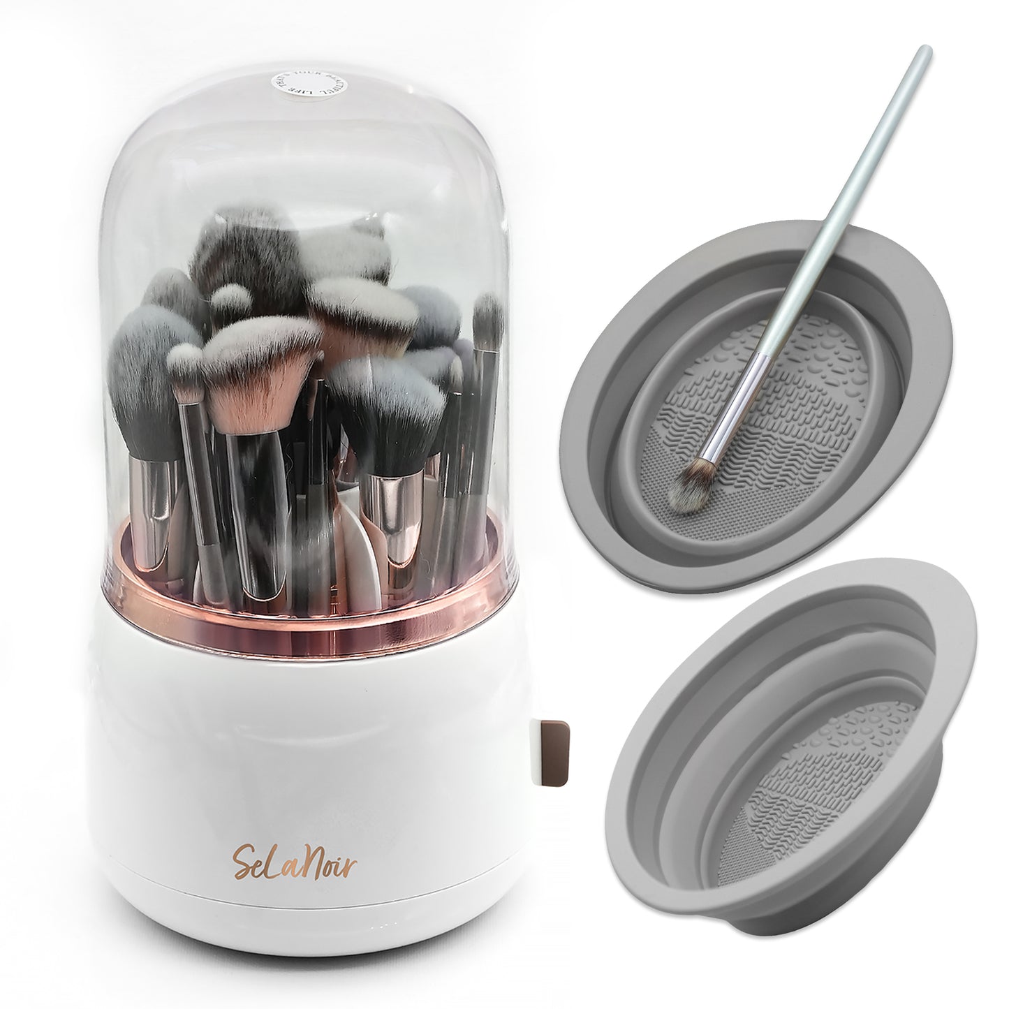 SeLaNoir Makeup Brush Holder – Rotating Organizer with Lid & Bonus Cleaner Bowl -White
