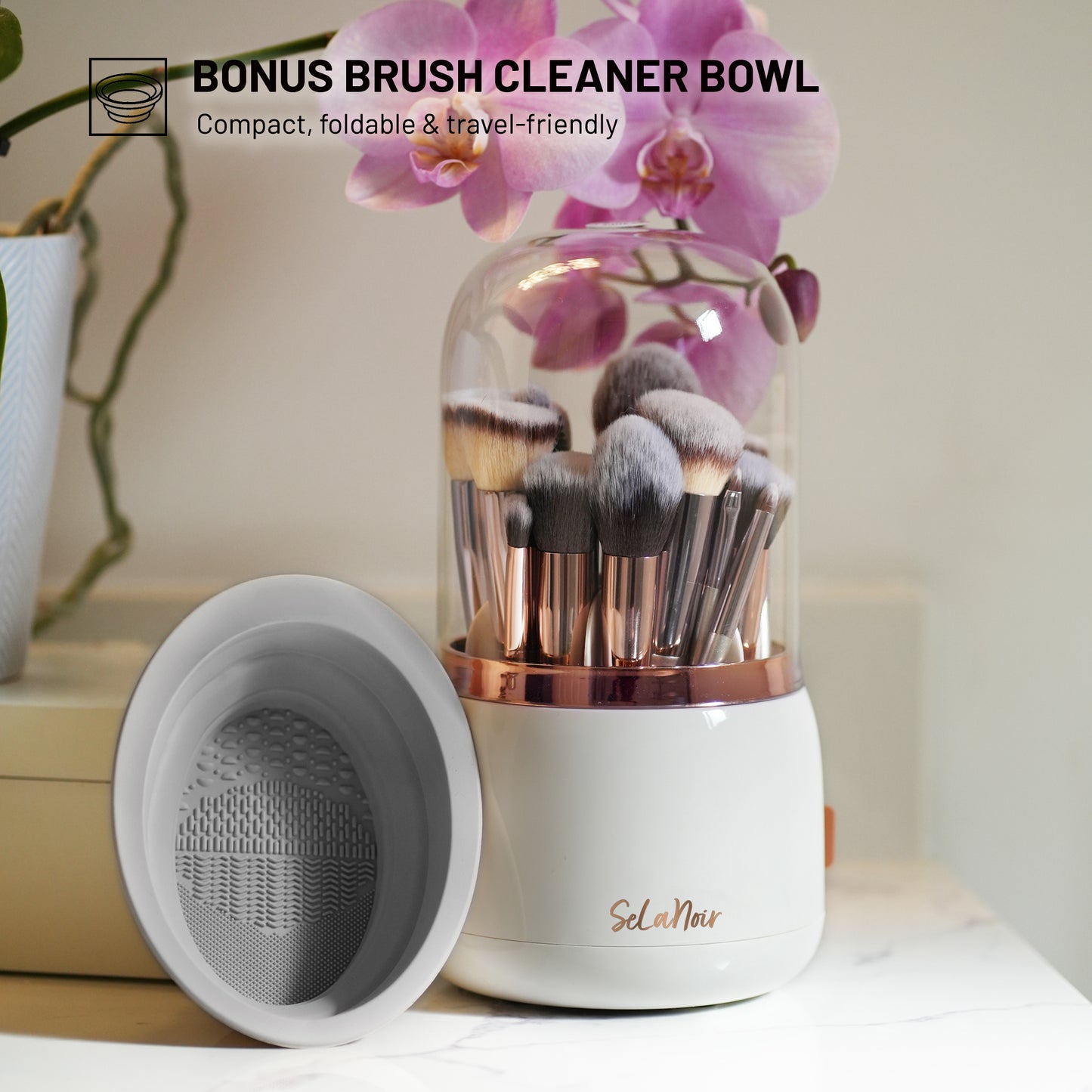 SeLaNoir Makeup Brush Holder – Rotating Organizer with Lid & Bonus Cleaner Bowl -White