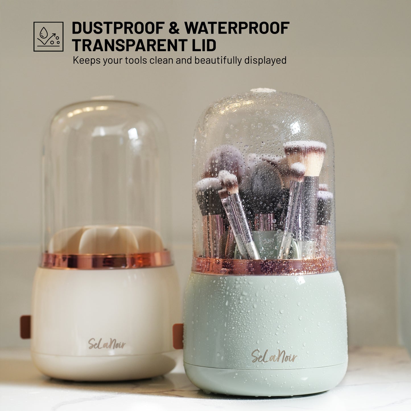 Selanoir Rotating Makeup Brush Holder with Lid – Dustproof Vanity Organizer for Makeup Brushes, Bonus Foldable Makeup Brush Cleaner Bowl Included, Elegant Seafoam Green Storage Solution