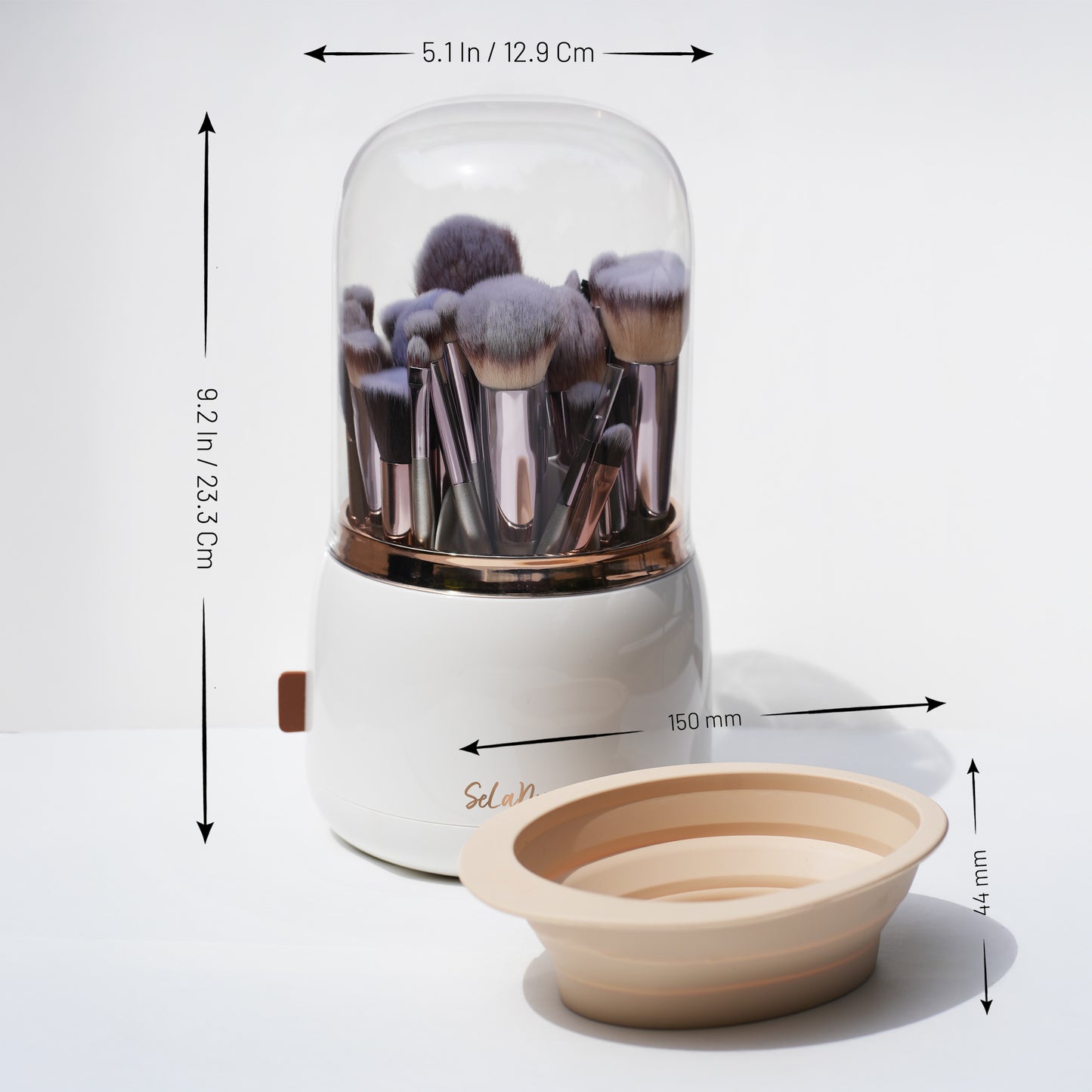 SeLaNoir Makeup Brush Holder – Rotating Organizer with Lid & Bonus Cleaner Bowl -White