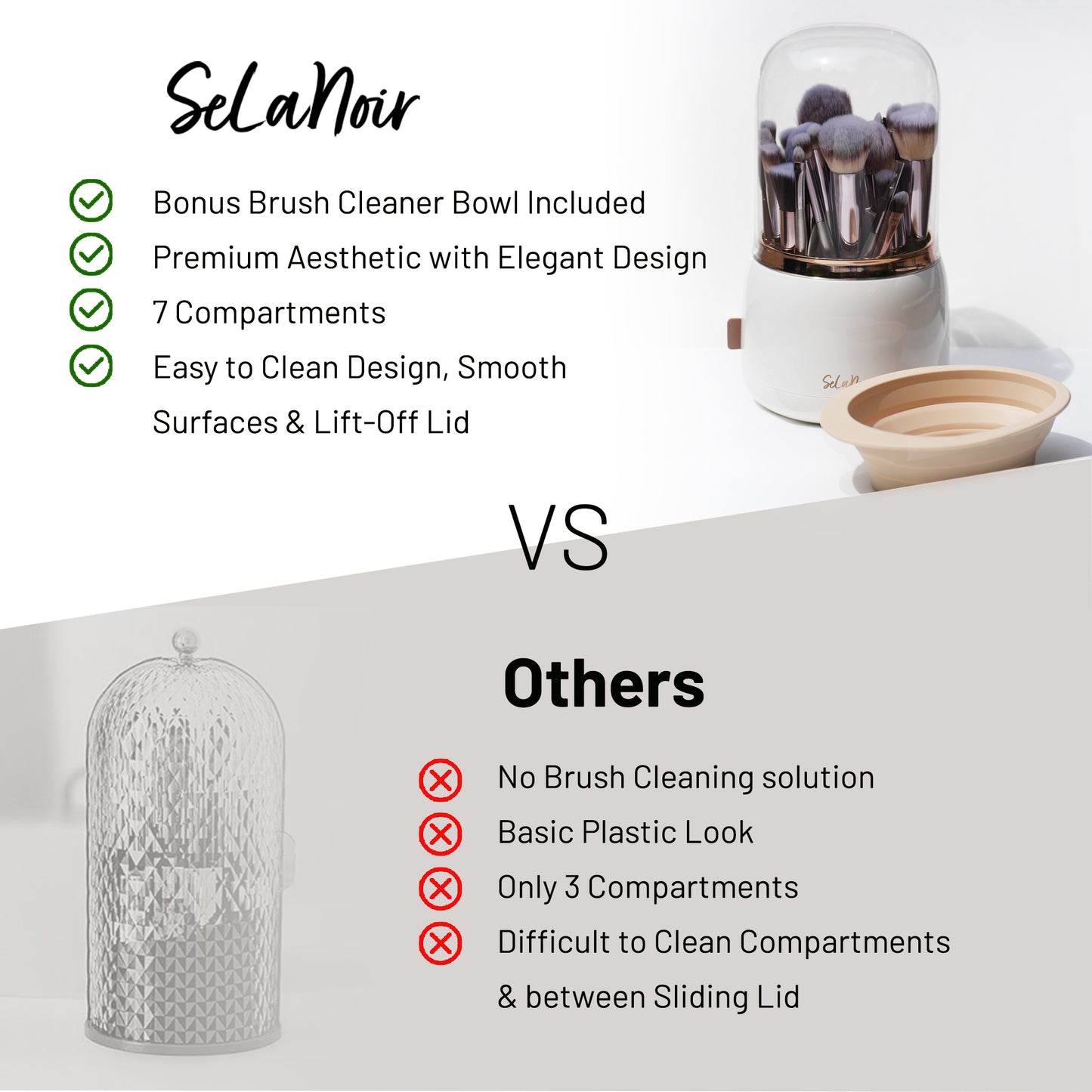SeLaNoir Makeup Brush Holder – Rotating Organizer with Lid & Bonus Cleaner Bowl -White
