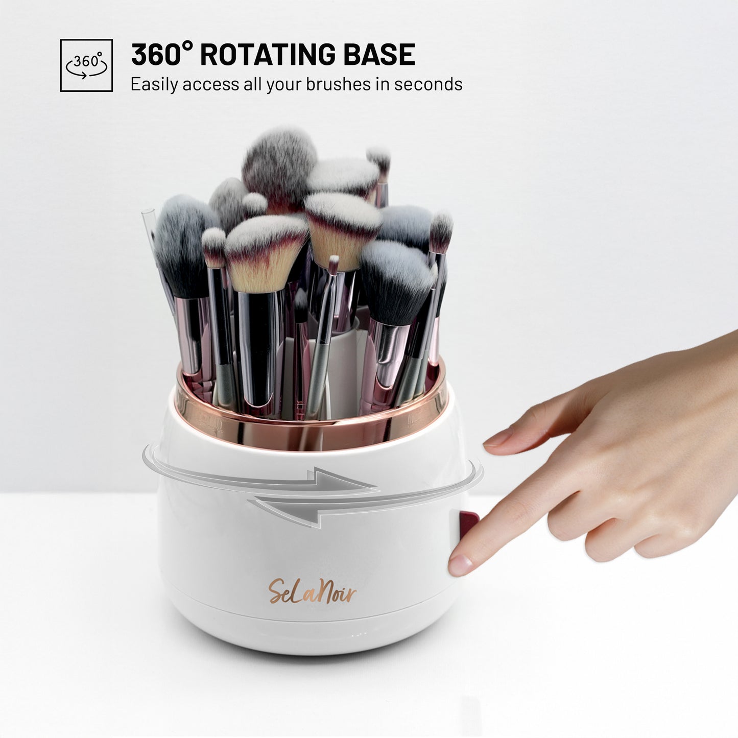 SeLaNoir Makeup Brush Holder – Rotating Organizer with Lid & Bonus Cleaner Bowl -White
