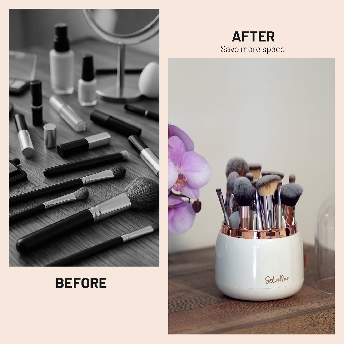 SeLaNoir Makeup Brush Holder – Rotating Organizer with Lid & Bonus Cleaner Bowl -White