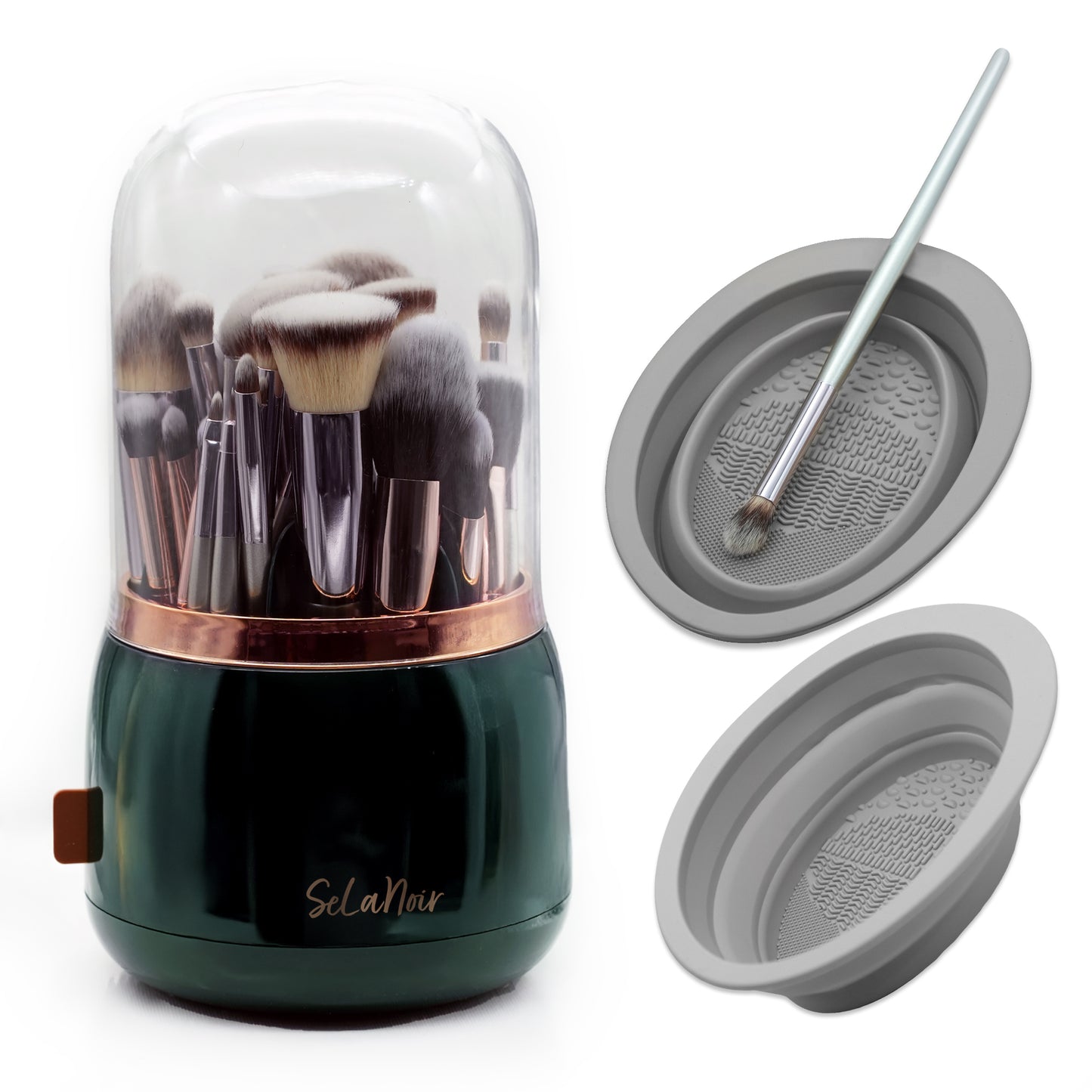 Selanoir Rotating Makeup Brush Holder with Lid – Dustproof Vanity Organizer for Makeup Brushes, Bonus Foldable Makeup Brush Cleaner Bowl Included, Elegant Green Storage Solution