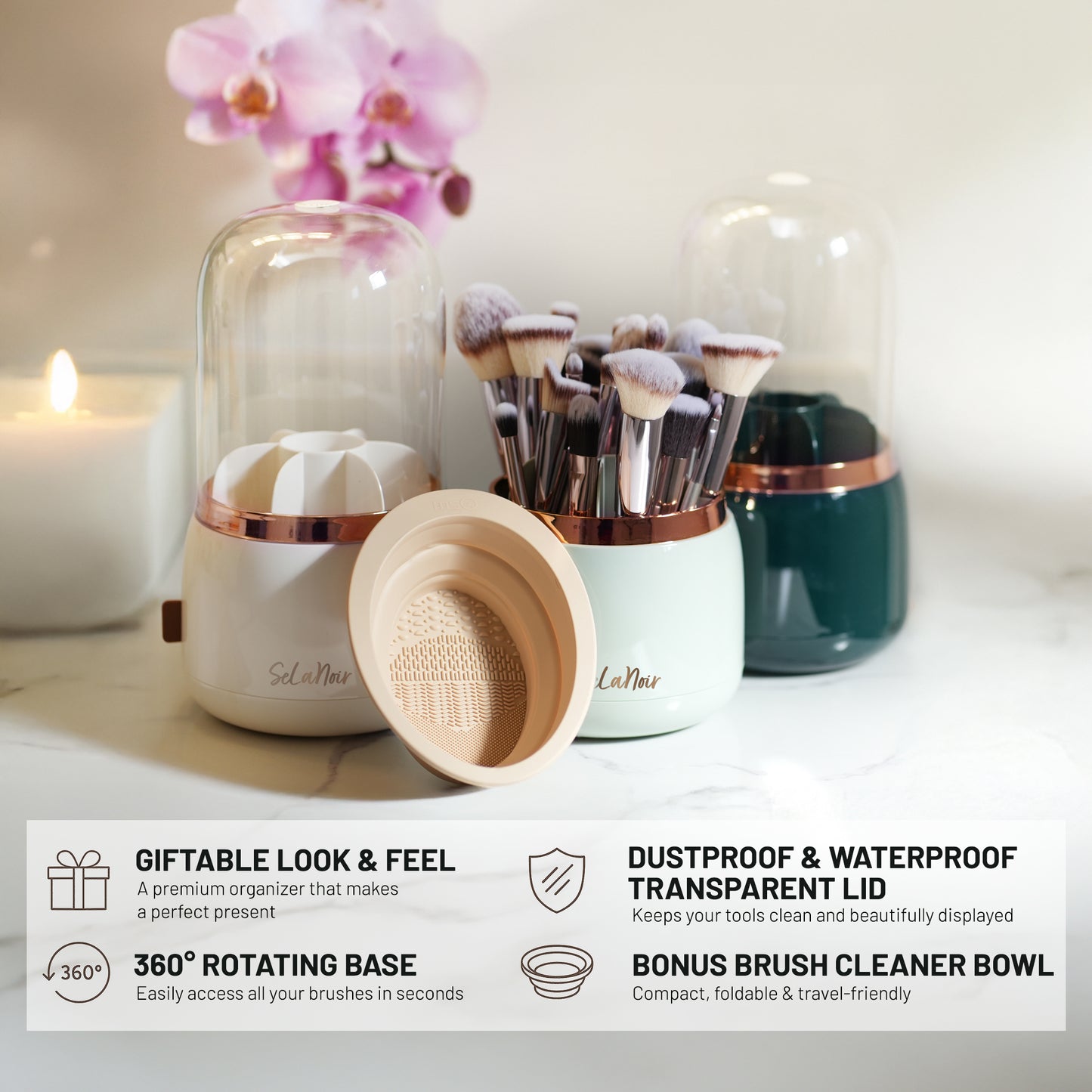 Selanoir Rotating Makeup Brush Holder with Lid – Dustproof Vanity Organizer for Makeup Brushes, Bonus Foldable Makeup Brush Cleaner Bowl Included, Elegant Green Storage Solution